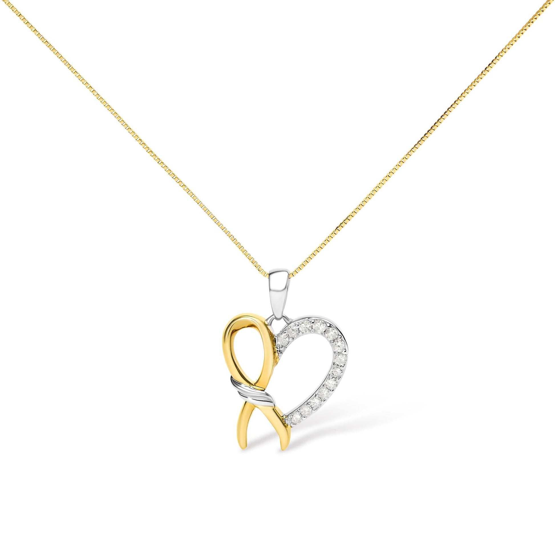 10K Yellow Gold Plated.925 Sterling Silver 1/5 Cttw Diamond Ribbon Heart