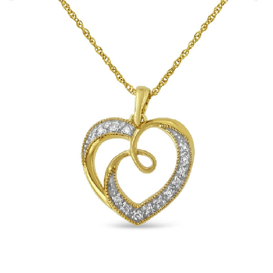 14K Yellow Gold Plated.925 Sterling Silver Diamond Accent Ribbon & Heart