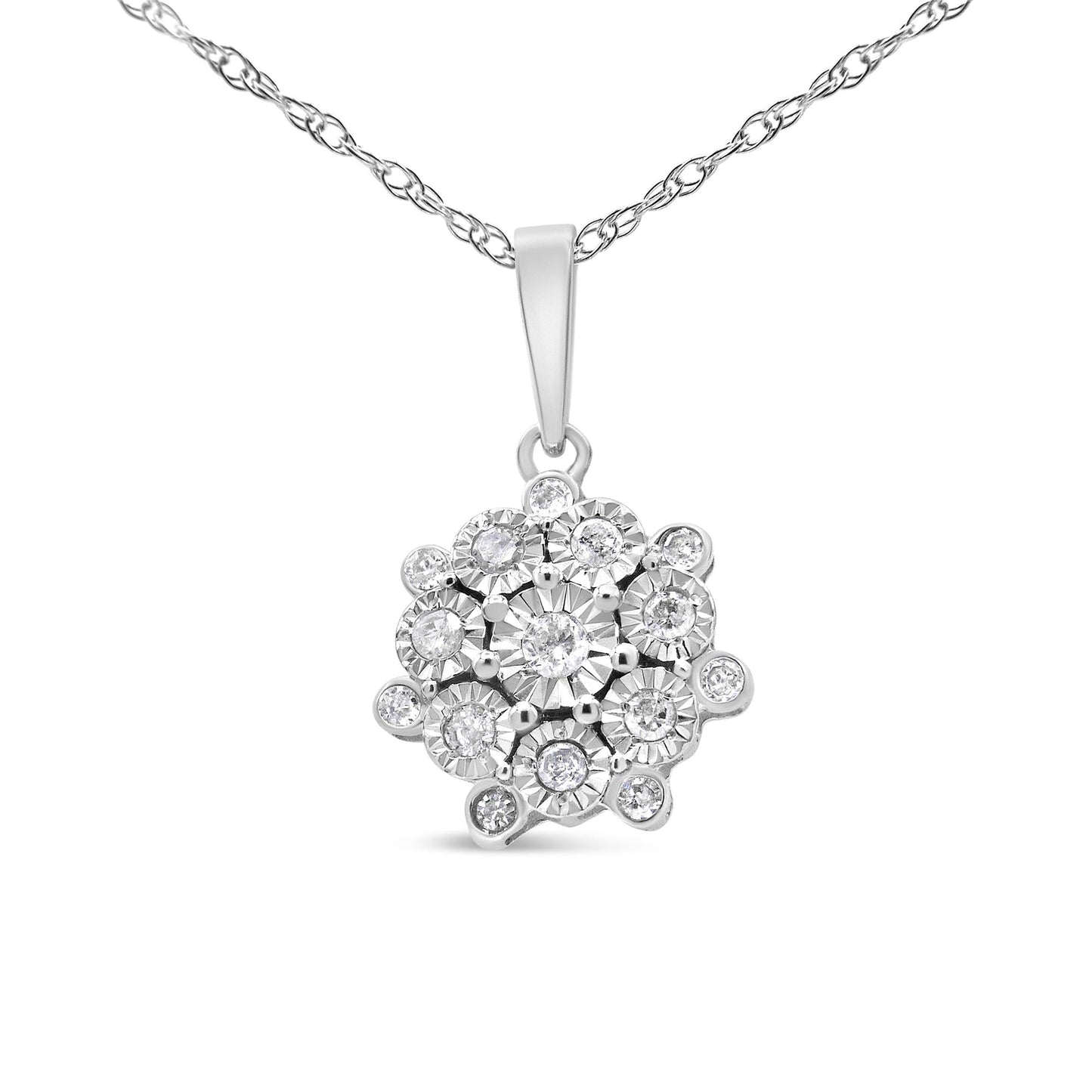 .925 Sterling Silver 1/4 Cttw Miracle Set Diamond Floral Cluster 18’’