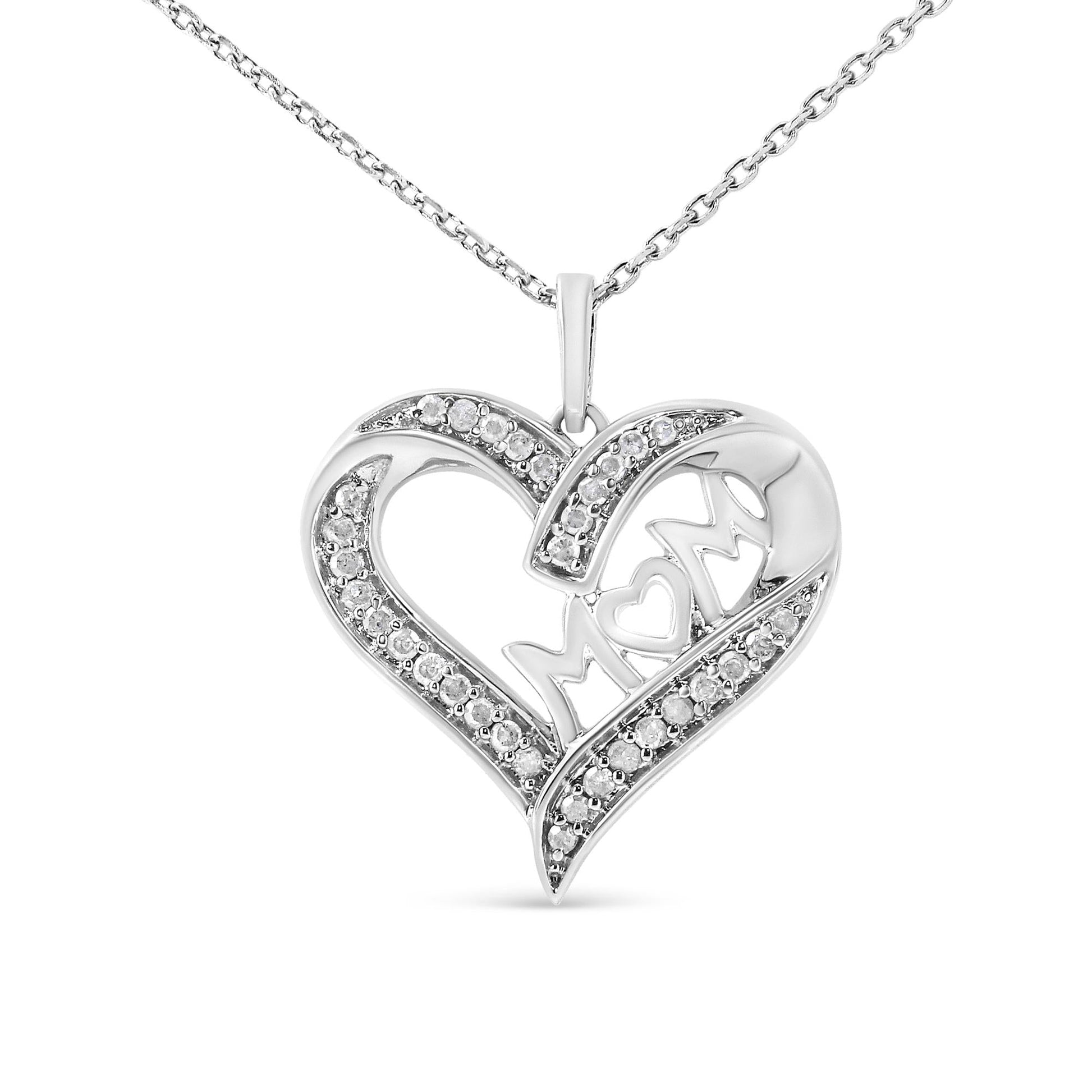 .925 Sterling Silver 1/4 cttw Diamond Engraved ’Mom’ in Heart Pendant