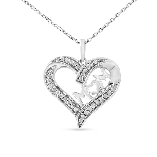 .925 Sterling Silver 1/4 cttw Diamond Engraved ’Mom’ in Heart Pendant