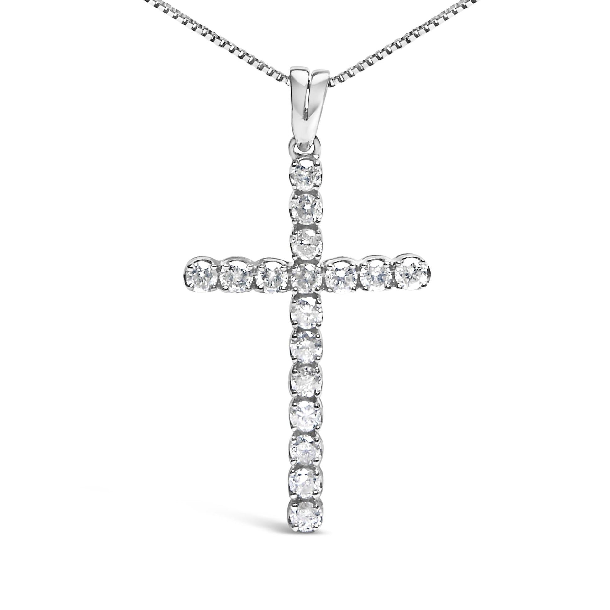 .925 Sterling Silver 1.0 Cttw Diamond Classic Cross 18’’ Pendant Necklace