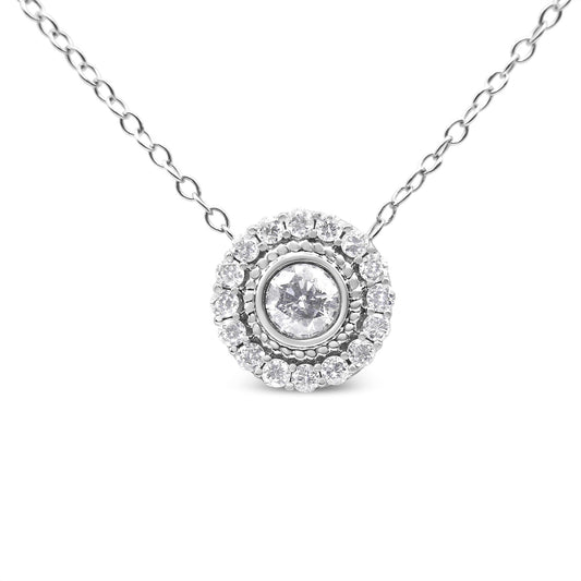 .925 Sterling Silver 1/2 Cttw Round Diamond Halo Circle Pendant 18’’