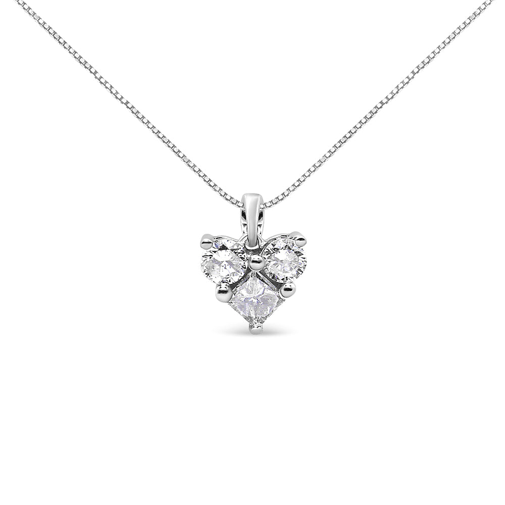 10K White Gold 1/4 Cttw Diamond 3 Stone Heart Shaped Pendant 18’’ Necklace