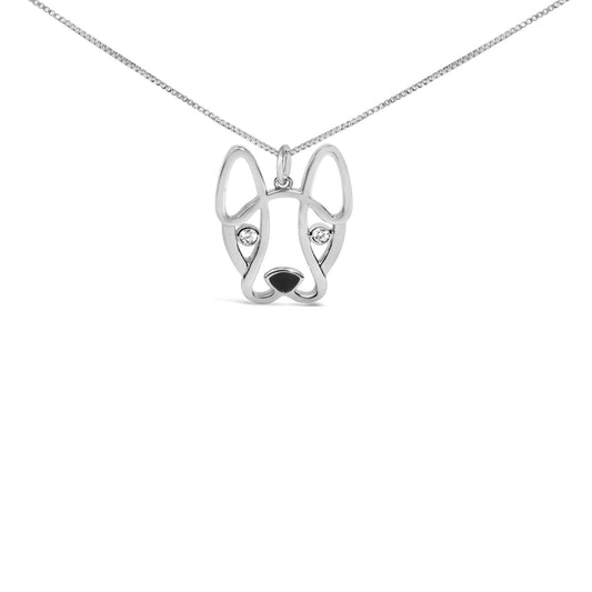 .925 Sterling Silver Diamond Accent and Black Enamel French Bullldog 18’’