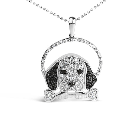 .925 Sterling Silver 1/4 Cttw White and Black Diamond Beagle Dog and Bone