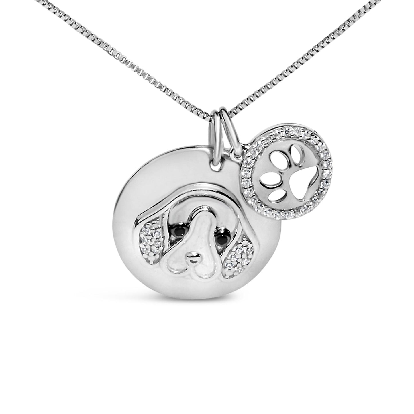 .925 Sterling Silver 1/5 Cttw White and Black Diamond Beagle Dog Medallion and Charm 18" Pendant Necklace (I-J Color, I2-I3 Clarity)