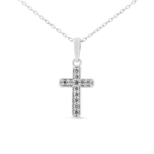 .925 Sterling Silver 1/4 Cttw Prong Set Round-Cut Diamond Cross 18’’