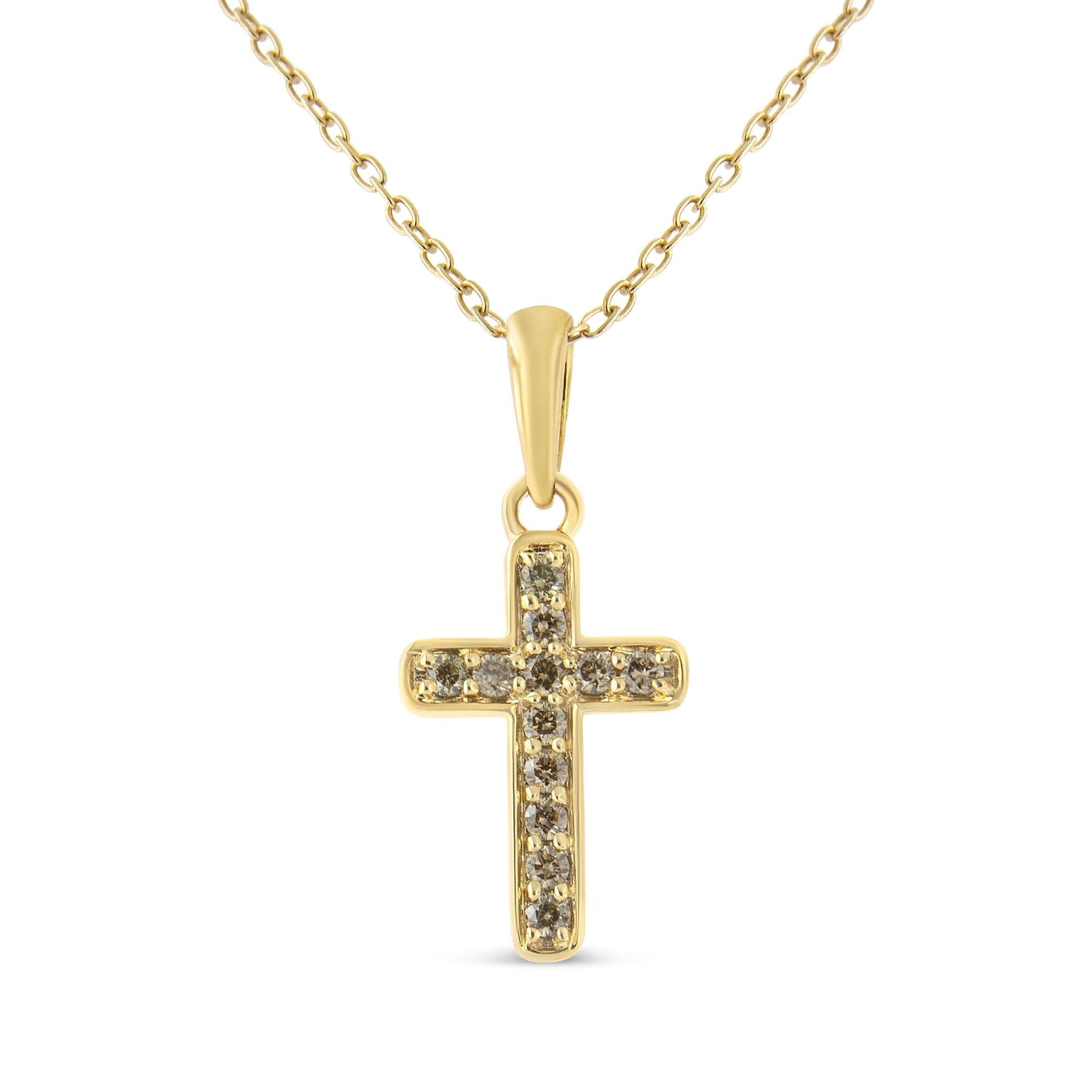 10K Yellow Gold Flashed.925 Sterling Silver 1/4 Cttw Champagne Diamond Cross