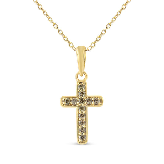 10K Yellow Gold Flashed.925 Sterling Silver 1/4 Cttw Champagne Diamond Cross