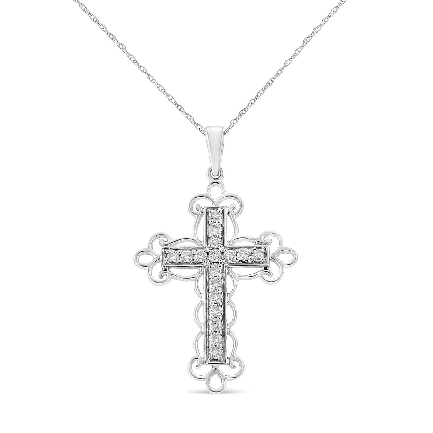 .925 Sterling Silver 1/4 Cttw Round Cut Diamond Art Deco Style Cross 18’’