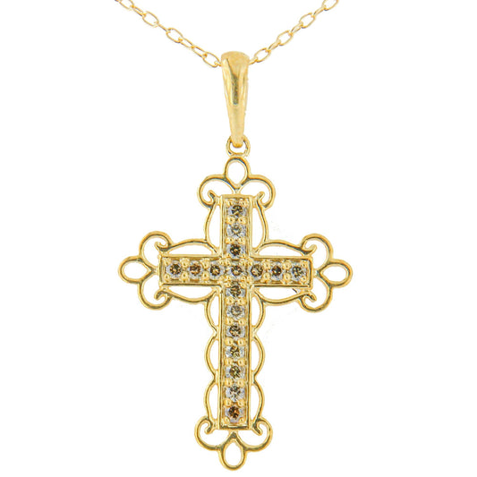 10K Yellow Flashed .925 Sterling Silver 1/4 Cttw Champagne Diamond Filigree Cross Pendant Necklace (K-L Color, I1-I2 Clarity) - 18"