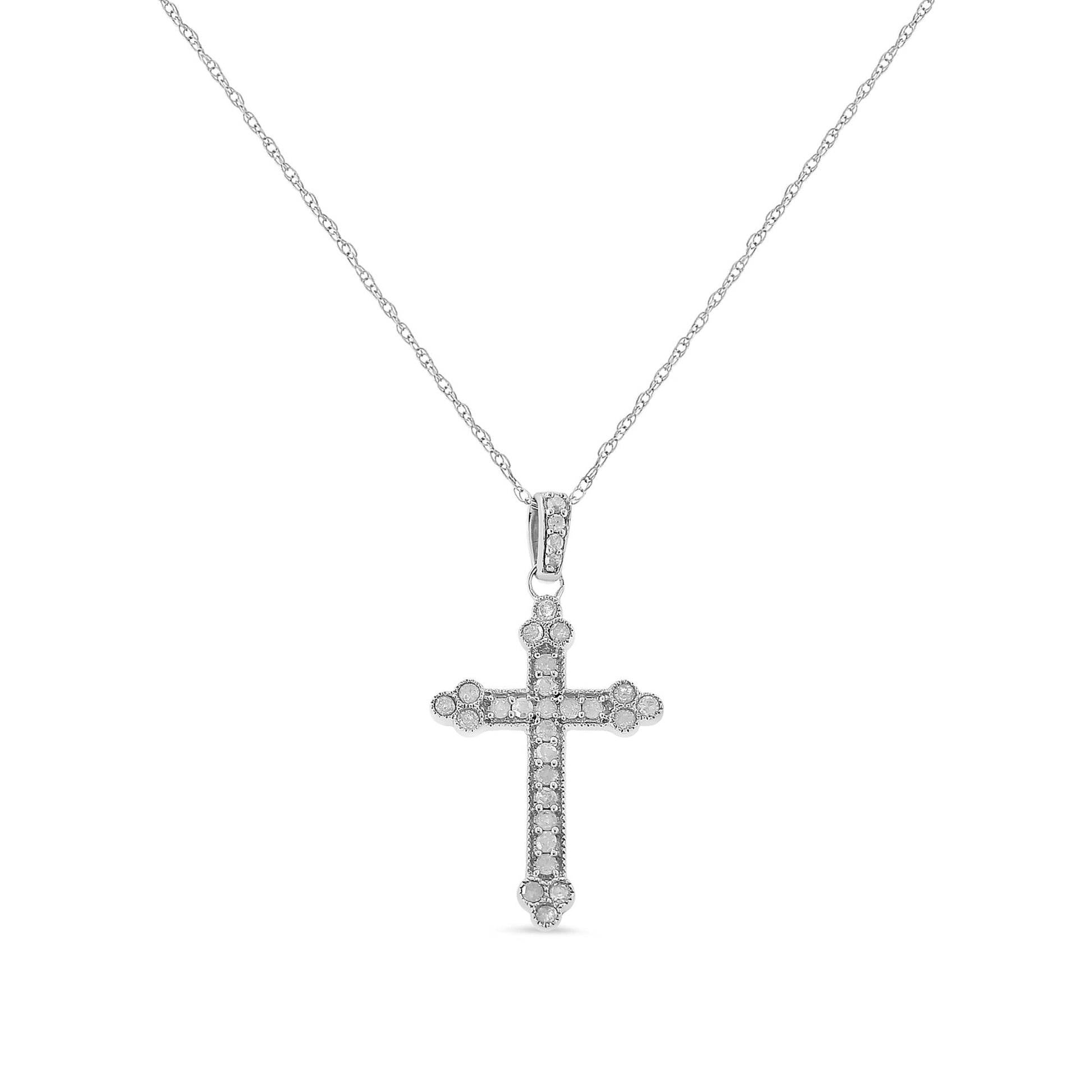 .925 Sterling Silver 1/4 Cttw Prong Set Round-Cut Diamond Cross 18’’