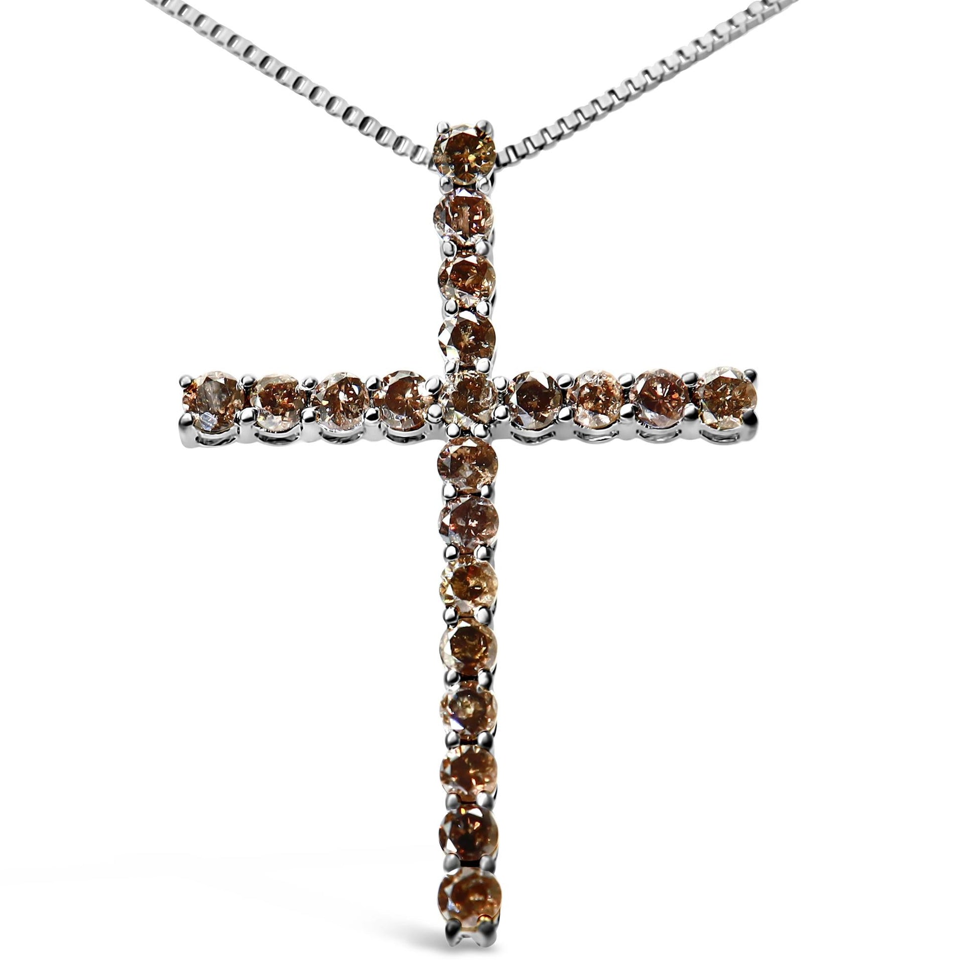 .925 Sterling Silver 1.0 Cttw Champagne Diamond Gold Cross Pendant Necklace