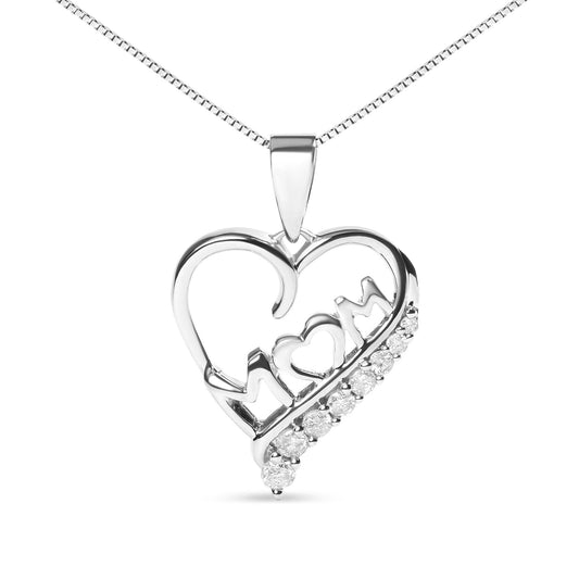 .925 Sterling Silver 1/4 Cttw Diamond ’Mom’ and Open Heart 18’’ Pendant