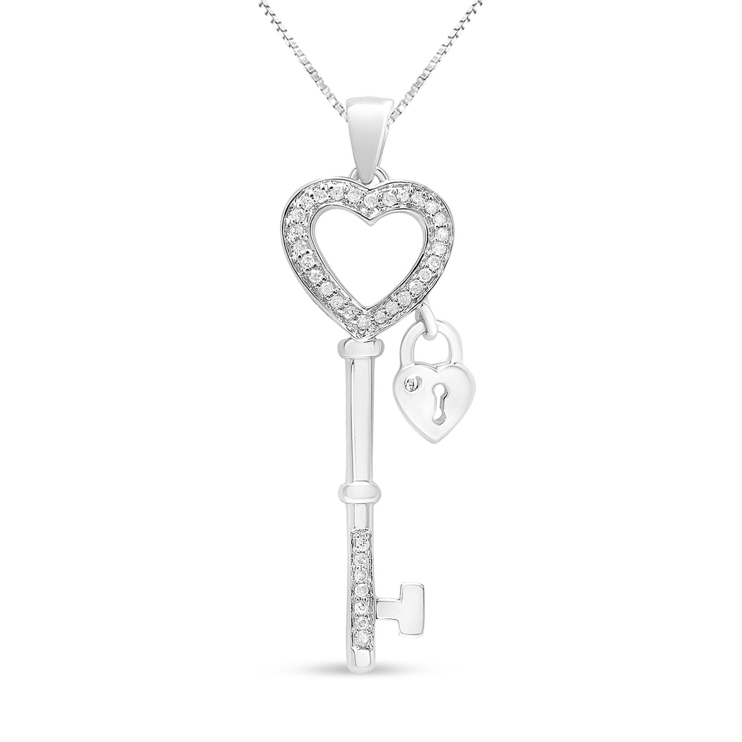 .925 Sterling Silver 1/4 Cttw Diamond Lock & Key heart 18’’ Pendant