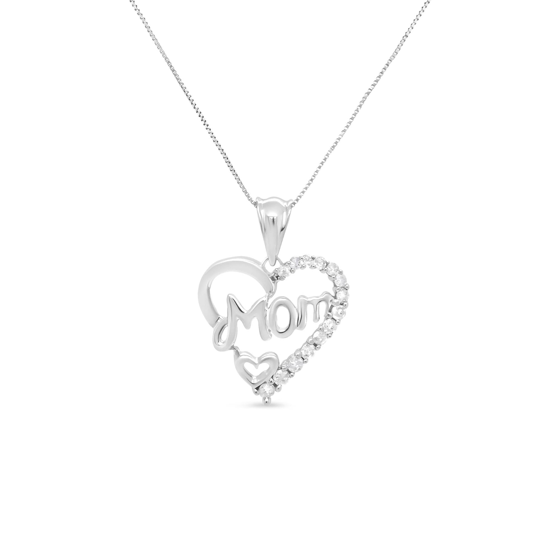 .925 Sterling Silver 1/4 Cttw Round Diamond ’Mom’ Openwork Heart Pendant