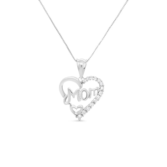 .925 Sterling Silver 1/4 Cttw Round Diamond ’Mom’ Openwork Heart Pendant