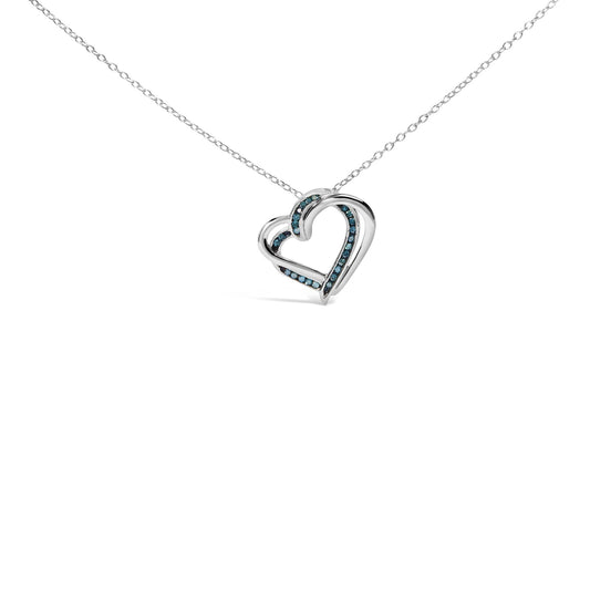 925 Sterling Silver 1/10 Cttw Treated Blue Diamond Double Heart 18’’