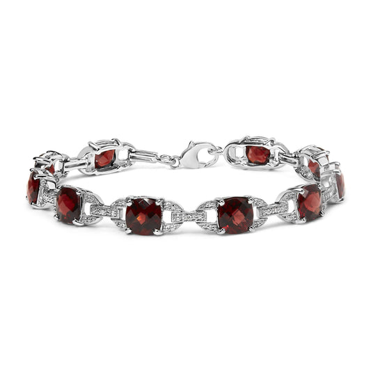 .925 Sterling Silver 7x7mm Checkered Cushion Red Garnet and Diamond Accent