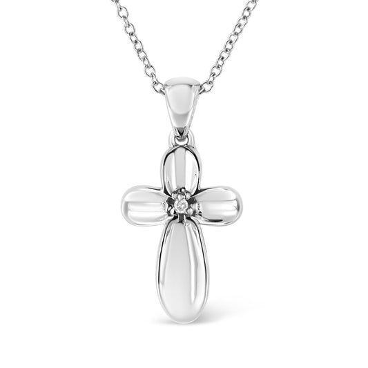 .925 Sterling Silver Prong-Set Diamond Accent Floral Cross 18’’ Pendant