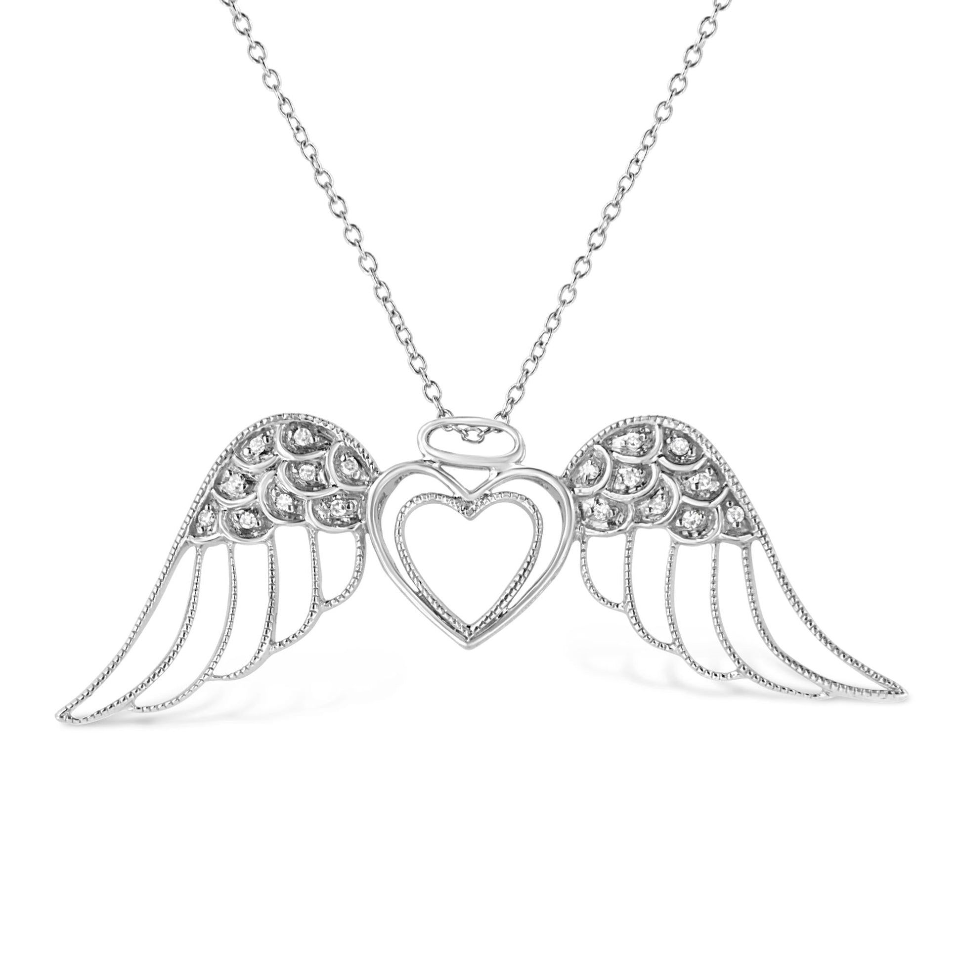 .925 Sterling Silver Pave-Set Diamond Accent Angel Wing 18’’ Double Heart