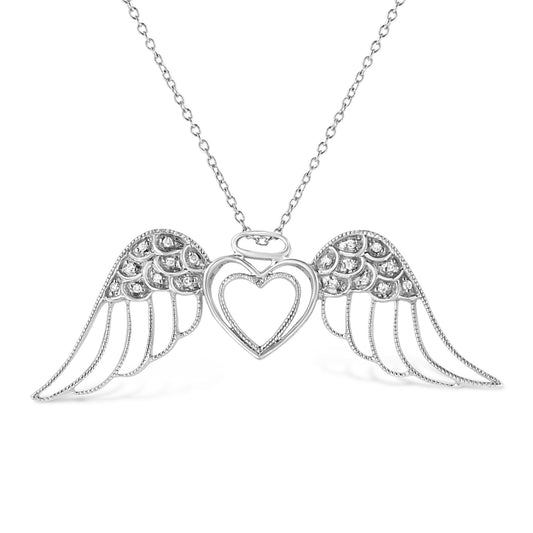 .925 Sterling Silver Pave-Set Diamond Accent Angel Wing 18’’ Double Heart