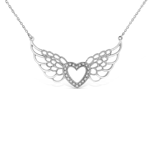 .925 Sterling Silver Pave-Set Diamond Accent Fairy Wing 18’’ Heart Pendant