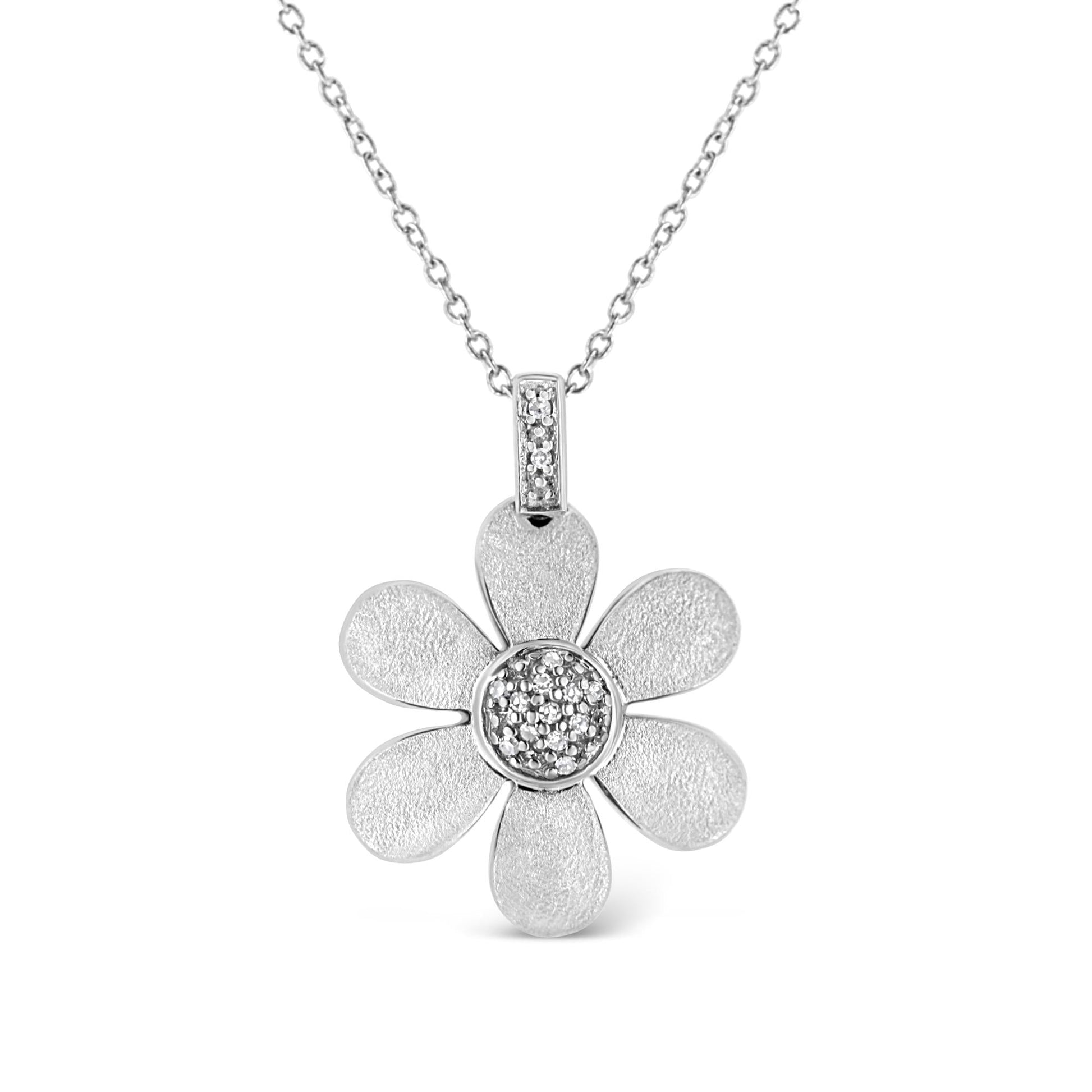 .925 Sterling Silver Pave-Set Diamond Accent Flower 18’’ Pendant Necklace