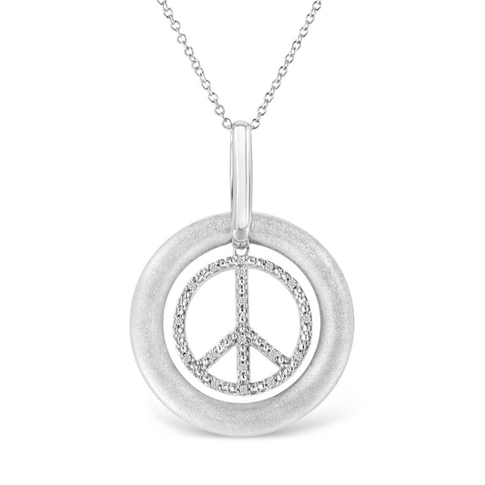 Matte Finish.925 Sterling Silver Diamond Accent Dancing Peace Sign 18’’