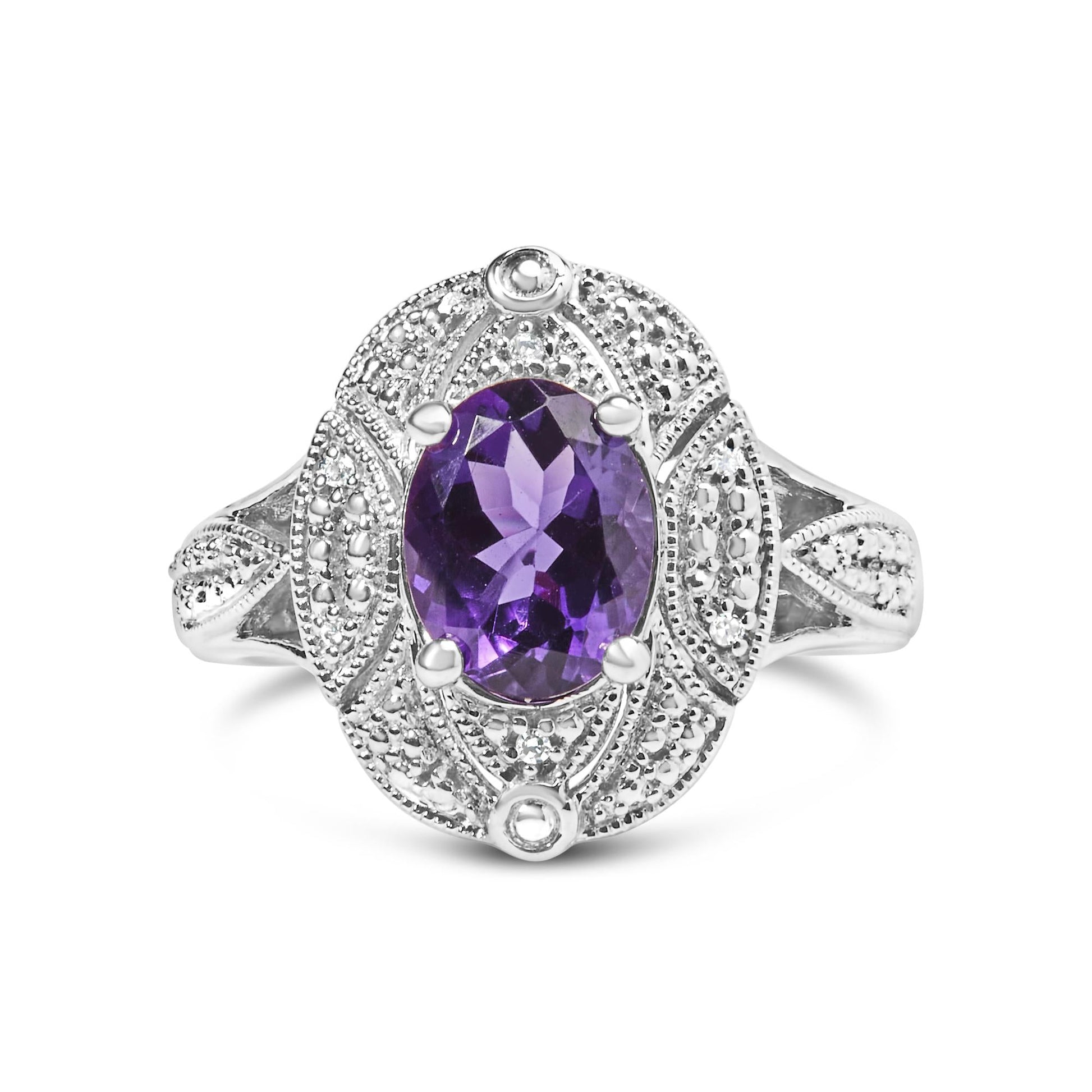 .925 Sterling Silver 9x7mm Oval Purple Amethyst and Round Diamond Accent