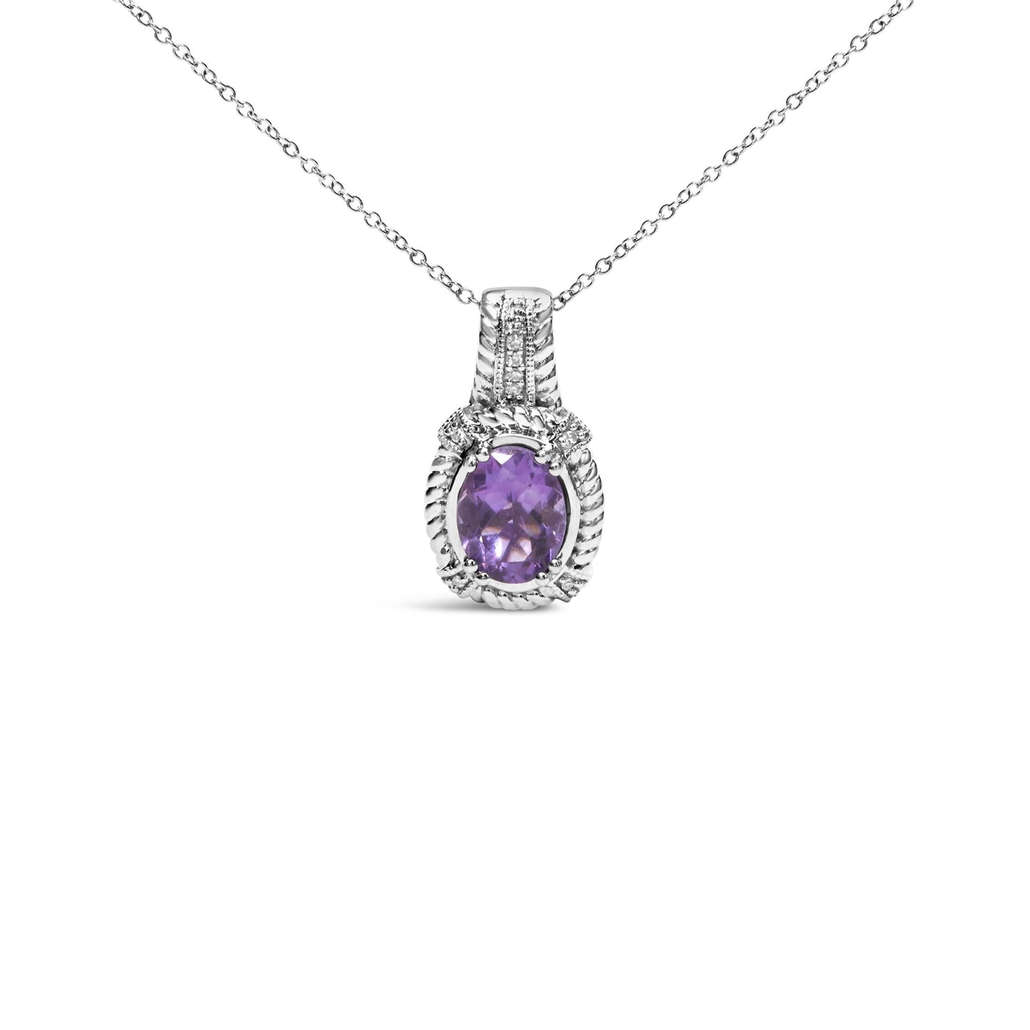 .925 Sterling Silver 9x7mm Oval Purple Amethyst and Round Diamond Accent