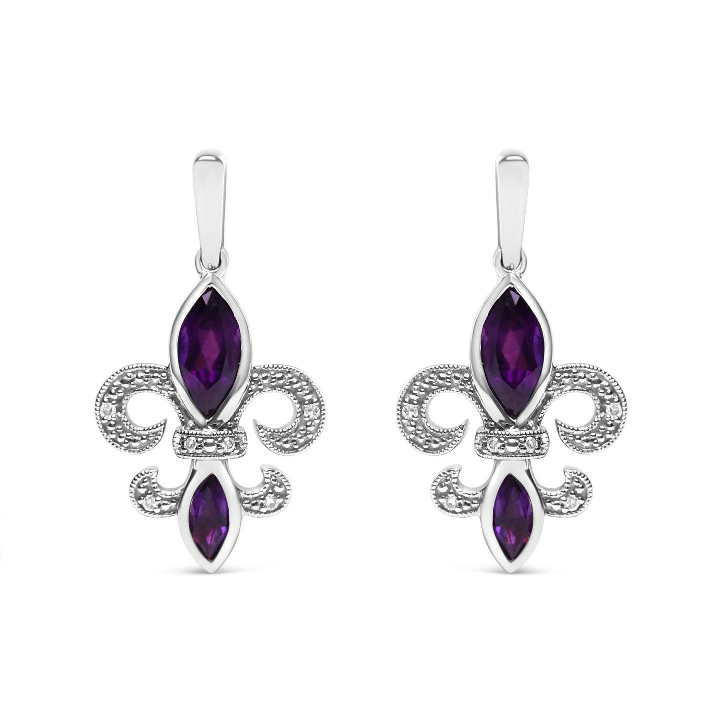 .925 Sterling Silver Marquise Cut Amethyst and Diamond Accent Fleur De Lis