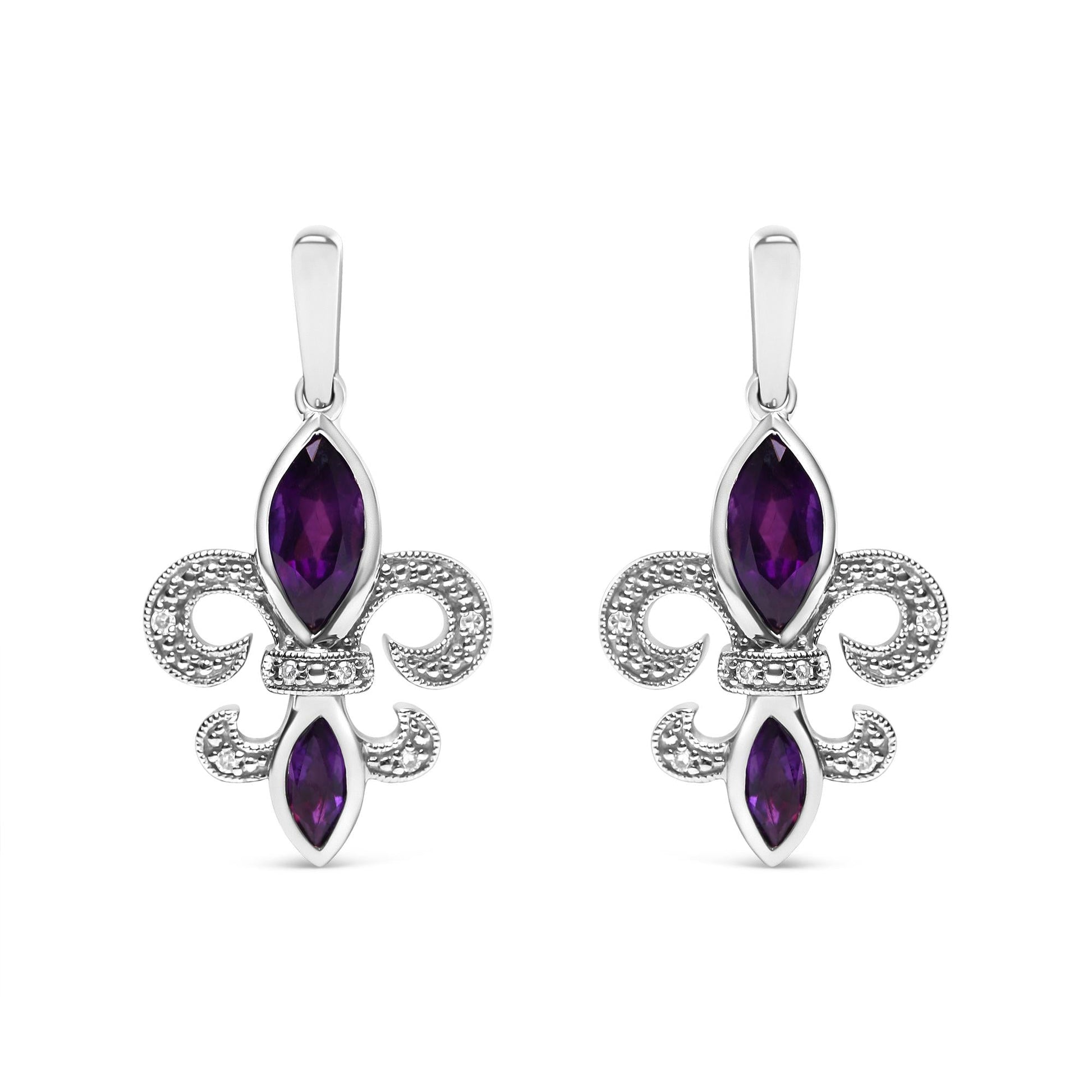 .925 Sterling Silver Marquise Cut Amethyst and Diamond Accent Fleur De Lis