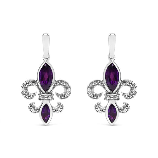 .925 Sterling Silver Marquise Cut Amethyst and Diamond Accent Fleur De Lis Dangle Stud Earrings (H-I Color, SI1-SI2 Clarity)