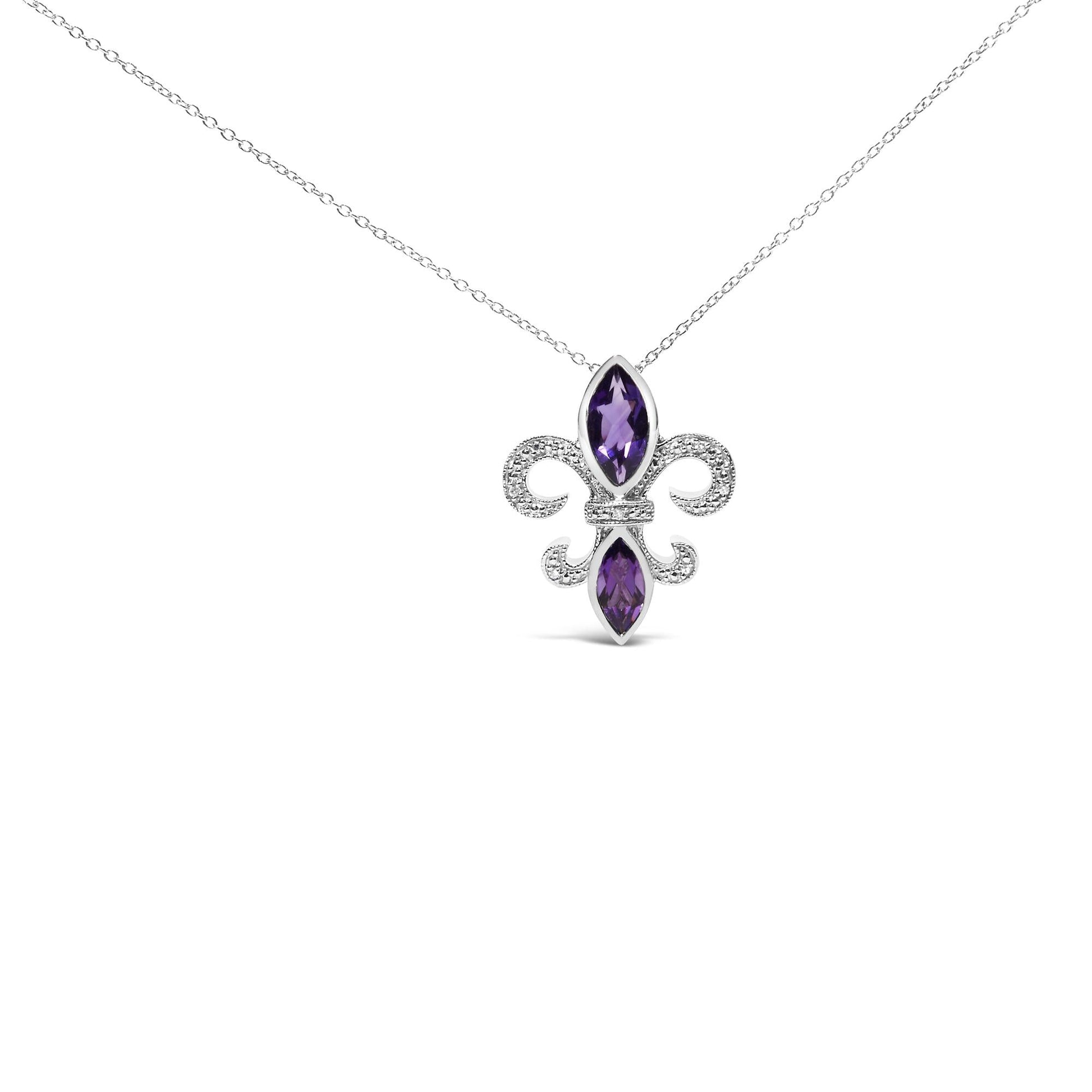 .925 Sterling Silver Purple Amethyst Marquise and Diamond Accent Fleur De Lis