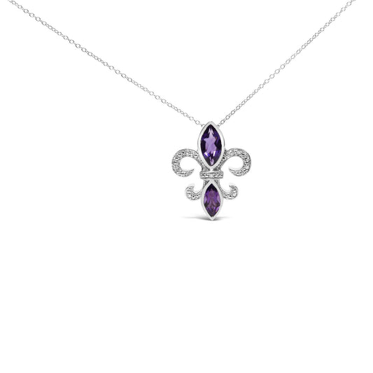 .925 Sterling Silver Purple Amethyst Marquise and Diamond Accent Fleur De Lis Pendant Necklace (H-I Color, SI1-SI2 Clarity) - Size 18"