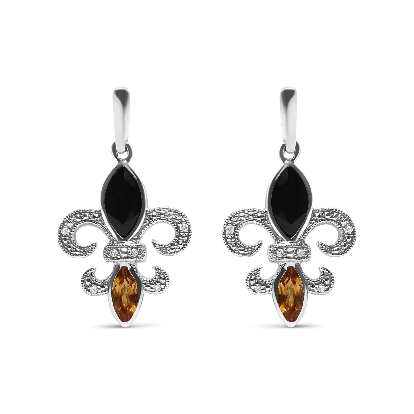 .925 Sterling Silver Marquise Cut Onyx and Citrine with Diamond Accent Fleur De