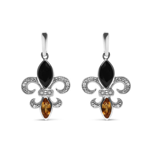 .925 Sterling Silver Marquise Cut Onyx and Citrine with Diamond Accent Fleur De Lis Drop Stud Earrings (H-I Color, SI1-SI2 Clarity)