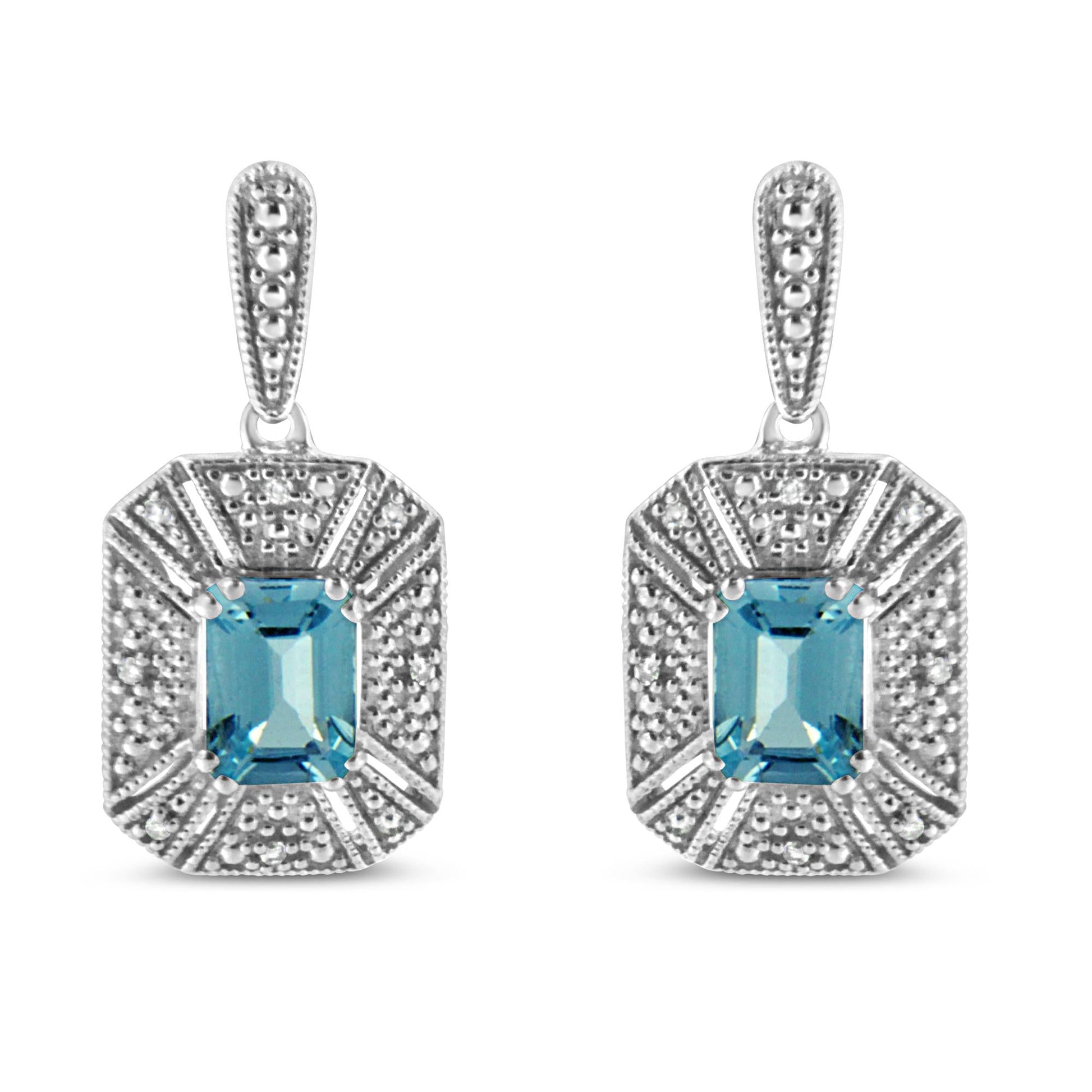 .925 Sterling Silver 7x5MM Emerald Shape Blue Topaz and Diamond Accent Art Deco