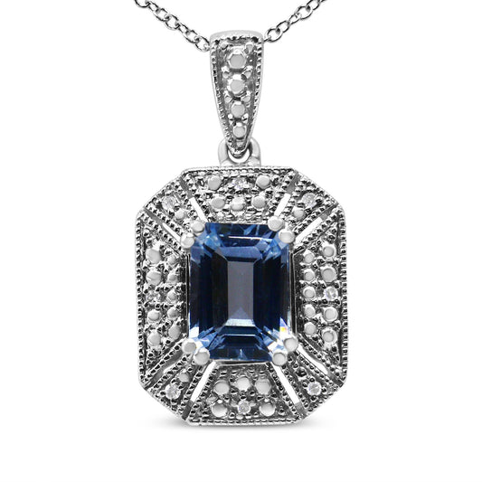 .925 Sterling Silver Blue Topaz and Diamond Accent Art Deco Style 18’’