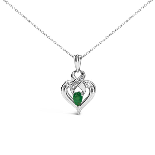 .925 Sterling Silver 6x4mm Pear Emerald and Diamond Accent Heart Pendant