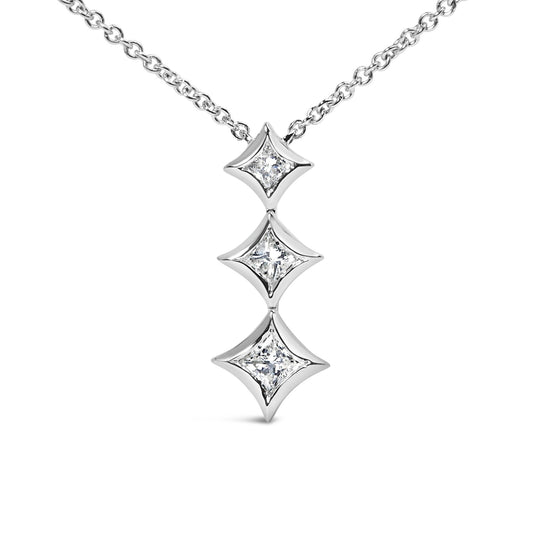 10K Gold 1/5 Cttw Princess Cut Diamond 3 Stone Drop 18" Pendant Necklace (H-I Color, SI2-I1 Clarity)