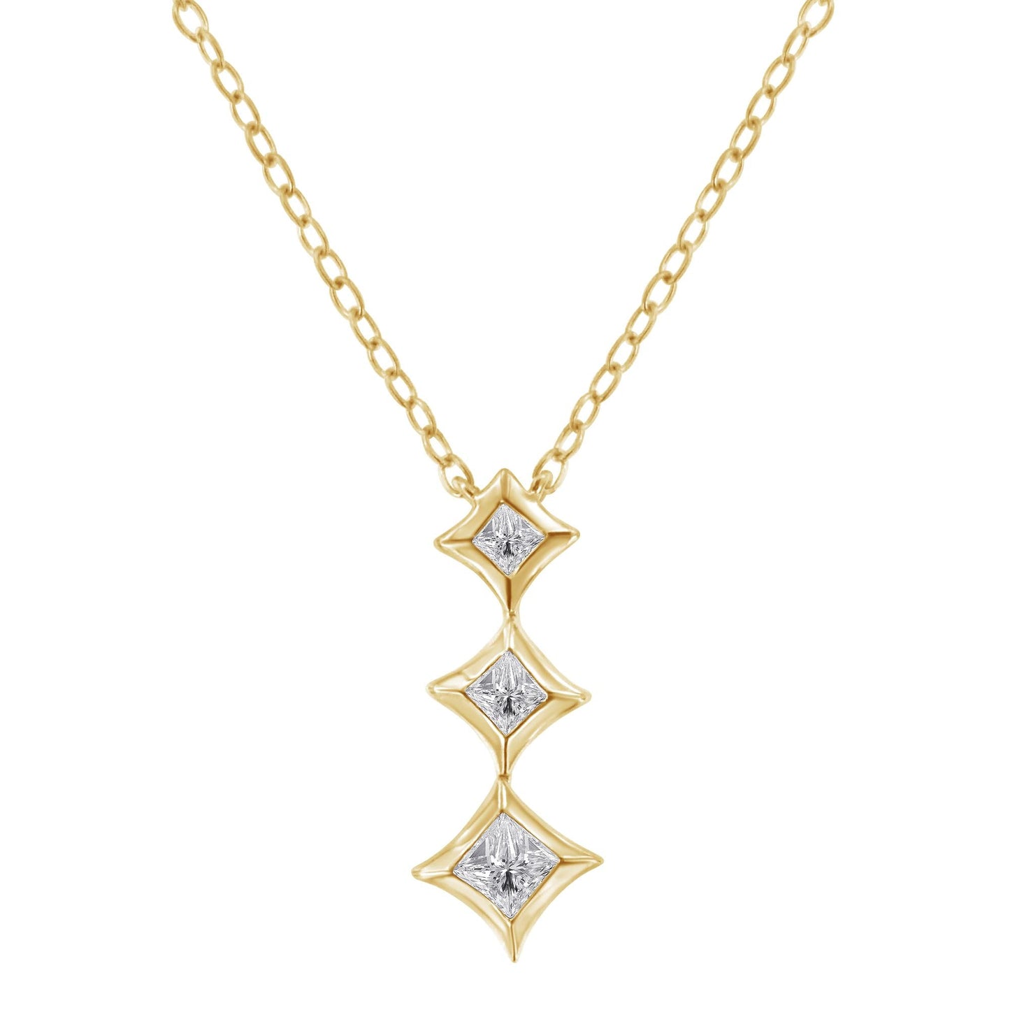 10K Gold 1/5 Cttw Princess Cut Diamond 3 Stone Drop 18’’ Pendant Necklace