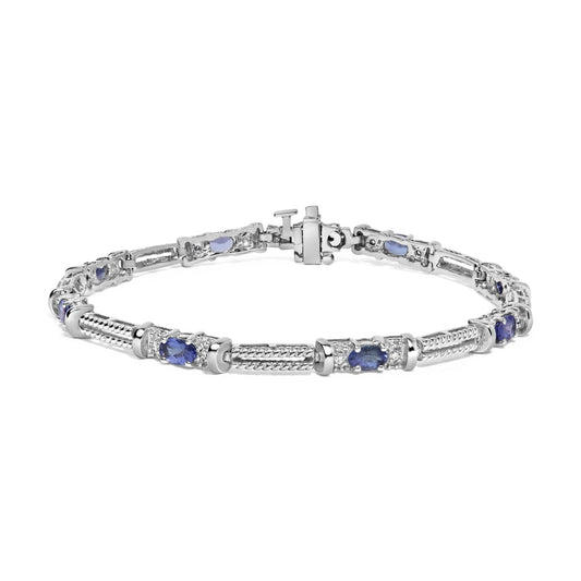 14K White Gold Blue Purple Tanzanite and Diamond Accent Cord Style Link Bracelet (H-I Color, SI1-SI2 Clarity) - 7" Inches