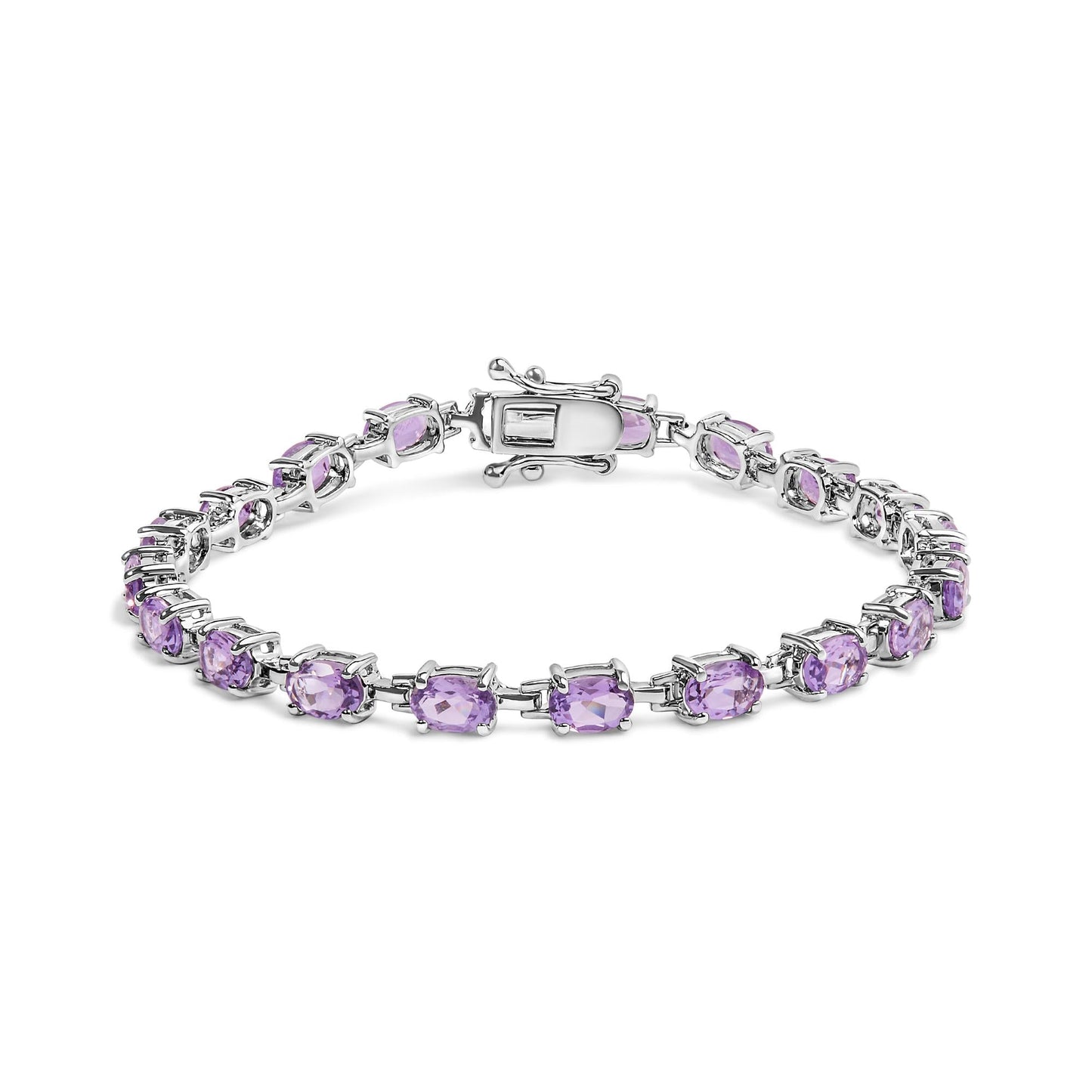 .925 Sterling Silver 8 1/2 Cttw Oval Shaped Purple Amethyst Link Bracelet