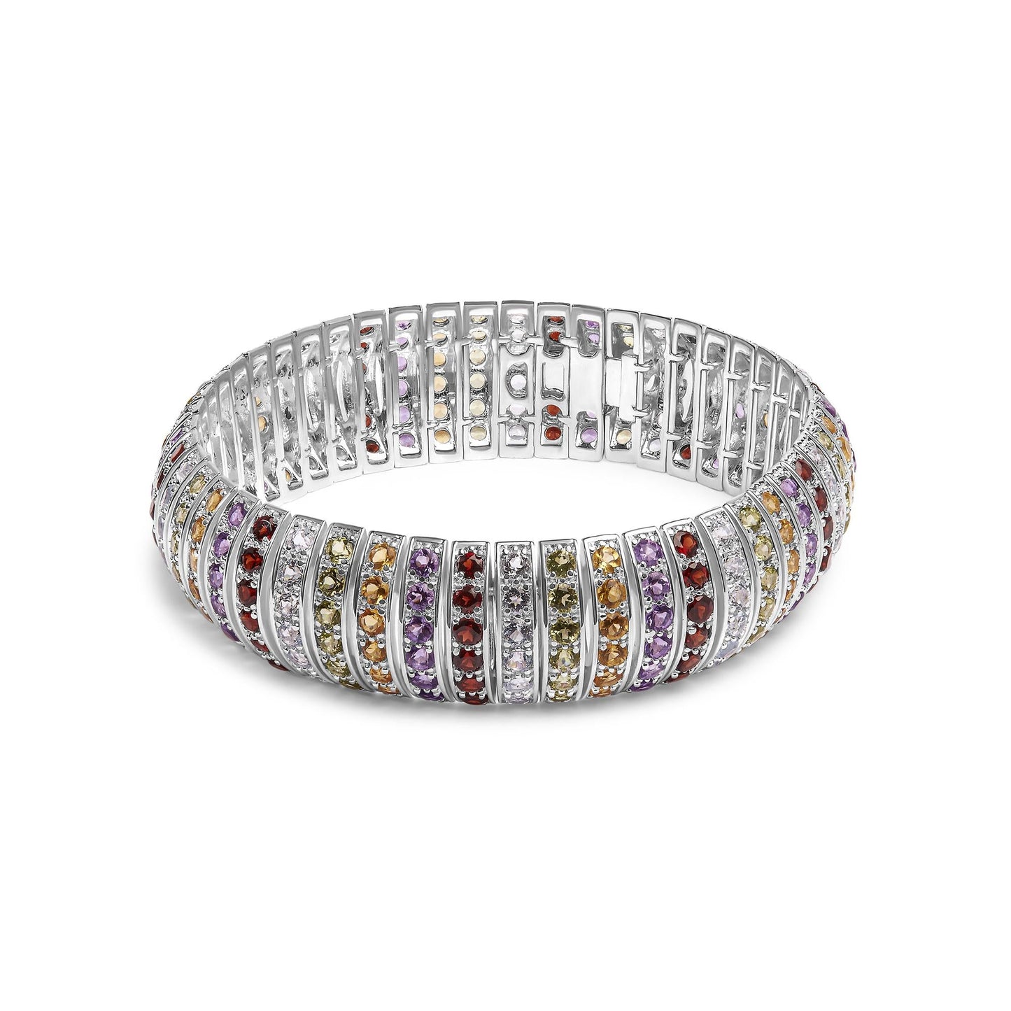 .925 Sterling Silver Multi Row Rainbow Gemstone Bangle Bracelet - 7.5’’