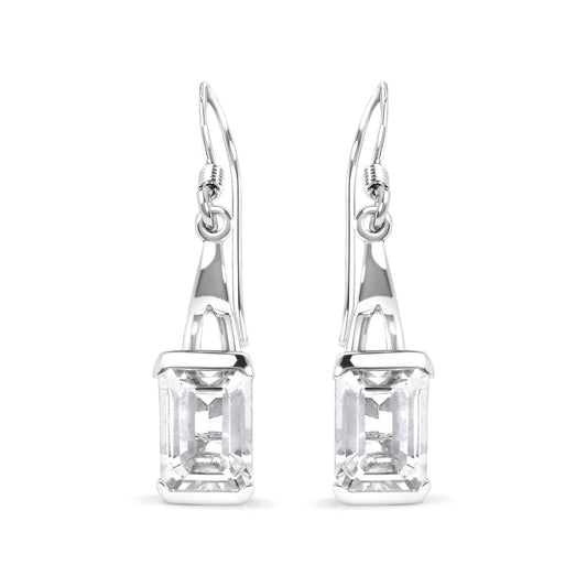 .925 Sterling Silver 3.0 Cttw Emerald Cut White Topaz Solitaire Dangle Earring