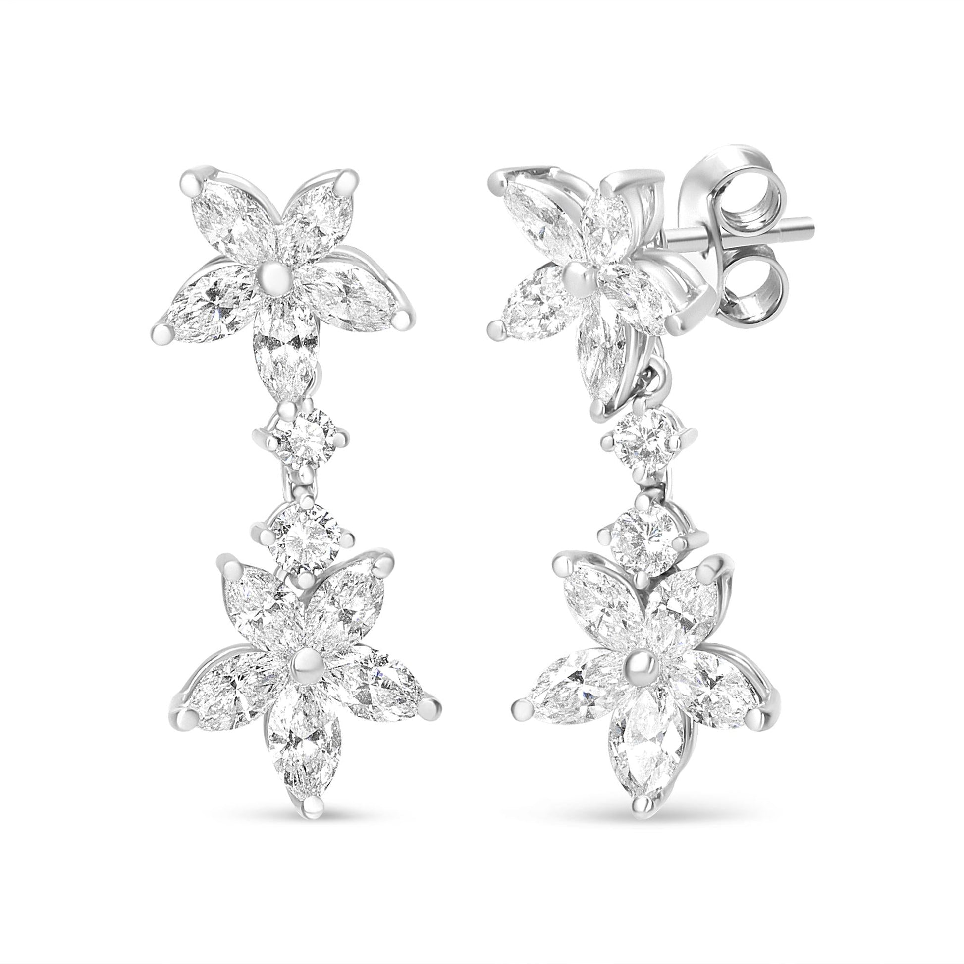 18k White Gold 6.0 Cttw Marquise Diamond Floral Dangle Drop Earrings (E-F Color