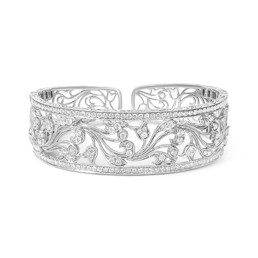 18K White Gold 3 1/4 Cttw Pave Diamond Openwork Floral Filigree Swirl Bangle